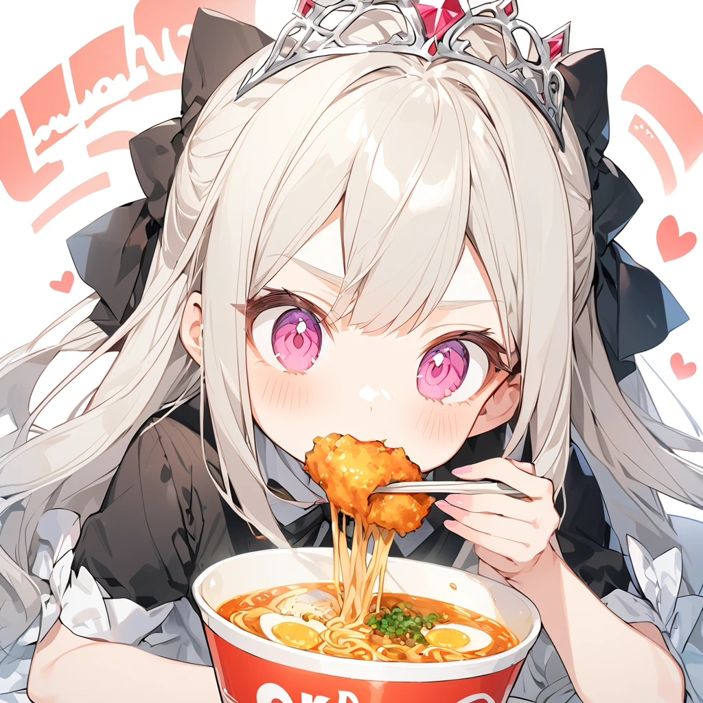 A with a princess tiara slurping ramen. Fried chicken is delicious.