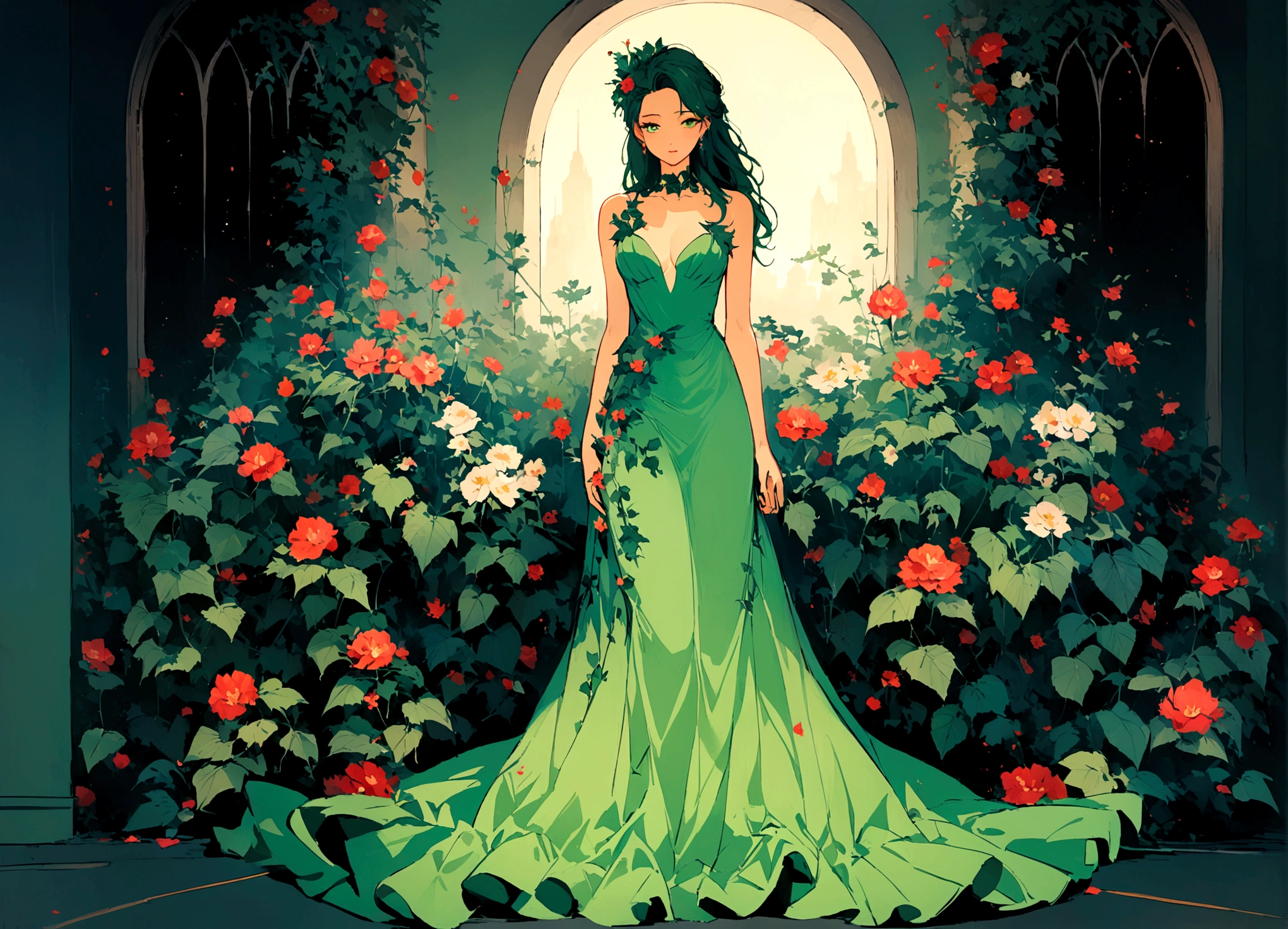Poison Ivy (long green evening dress, over exposed, safe for work), stealing all the attention, formal affair, lots of flowers