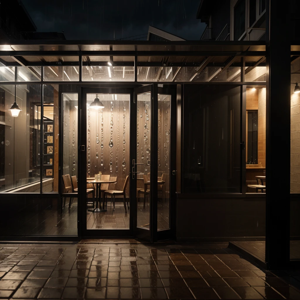 A extremely detaile modern cofee shop background at night with rain falling on the windows