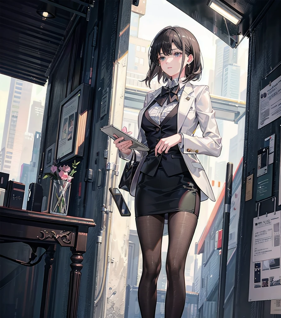 RAW photo, extremely delicate and beautiful, masterpiece, Best Quality, ultra high resolution, 16k, photorealistic, ultra detailed description, pale skin, in her 20s, whole body, medium tits, medium hair, black hair, tearful mole, earring, business suit, pencil skirt, blazer, blouse,