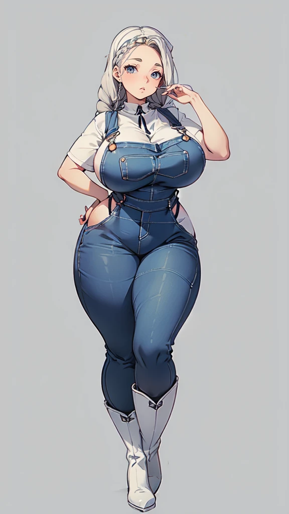 ((blank background)), masterpiece, best quality, silver hair, (curvy:1.7), (massive breast:1.5), ((full body framing)), (long legs:1.6), symmetry, farmer woman, (blue overalls), long boots, belt below navel, lumberjack shirt, (braided hair)