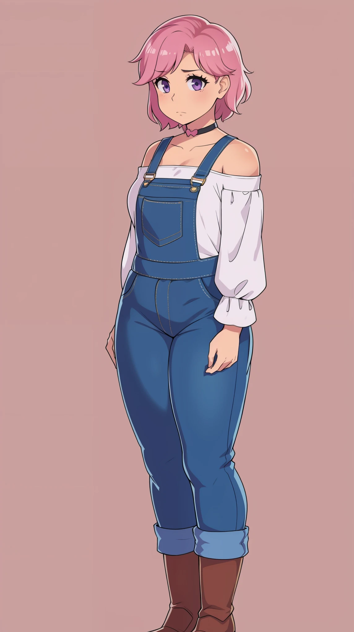 sad, farm backround, Full body, looking at viewer, 1girl, solo, short pink hair, (dark blue choker), (dark blue denim overalls), (purple eyes), (pink boots), (white shoulder lantern sleeve blouse, tucked in pants