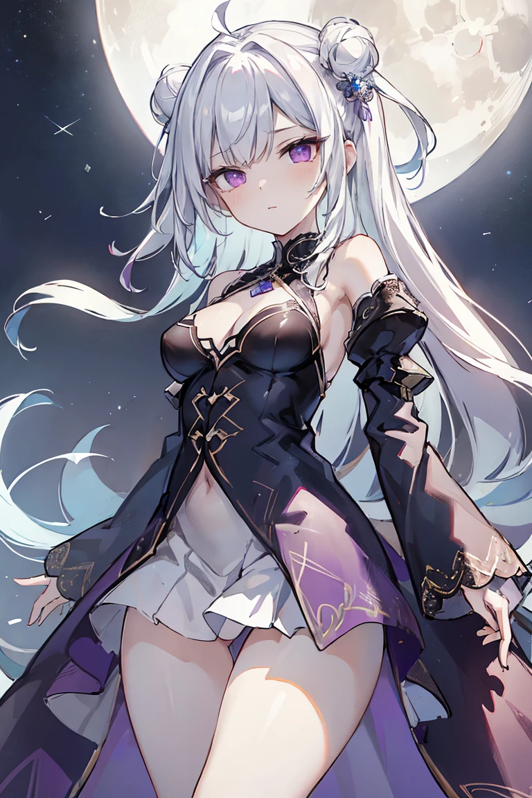 1girl, anime, cute girl, blank background, white background, fantasy, detailed fantasy dress with highlights, beautiful face, beautiful eyes, dark colors, black hair with multicolor streaks, red eye with different color pupil in eye, multicolor eye, medium breasts, slight cleavage, beautiful skin, cute, breast curtains, extremely delicate and beautiful, (beautiful detailed face:1.0), (detailed deep eyes), symmetrical breasts, deep eyes, shiny skin, portrait, slender waist, hips wider than shoulders, thighs, expressionless, young girl, luminous eyes, adorable,(Kpop idol),(aegyo sal:1),(Platinum blonde hair:1),((puffy eye)),Black panty,sexy posture,Superskirt, Ultra-high resolution,Black collar,slim figure, Abdominal y tattoo, womb tattoo,Tight-fitting leg ring,y tattoo on half-body,Bare skin, Armored hand,Hidden fingertips,Hand covered,Arm covered,Fist covered,{{beautiful detailed fingers}}, tufts of hair, moderate beautiful breast:1.0,(masterpiece:1.2), best quality, high-res, HDR, perfect face, intricate armor, delicate blue filigree, intricate filigree, red metalic parts, detailed part, dynamic pose, dynamic lights, cute face, neutral expression, shuimobysim, lotus, hanfu, maxi skirt, dress conservatively 1girl, solo, long blue hair, standing, One lady,14years,((White hair) ,(Shiny purple bodysuit with microskirt),((Fantasy, Moon Night)), gradient_eyes,