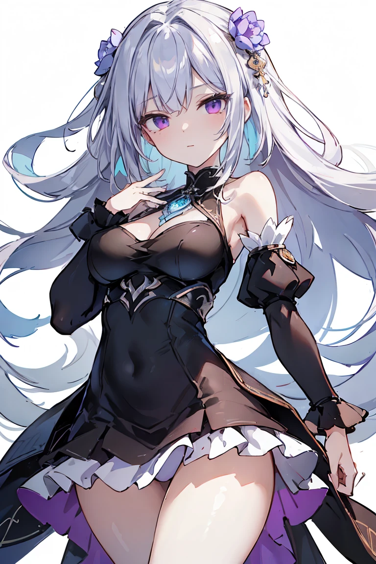 1girl, anime, cute girl, blank background, white background, fantasy, detailed fantasy dress with highlights, beautiful face, beautiful eyes, dark colors, black hair with multicolor streaks, red eye with different color pupil in eye, multicolor eye, medium breasts, slight cleavage, beautiful skin, cute, breast curtains, extremely delicate and beautiful, (beautiful detailed face:1.0), (detailed deep eyes), symmetrical breasts, deep eyes, shiny skin, portrait, slender waist, hips wider than shoulders, thighs, expressionless, young girl, luminous eyes, adorable,(Kpop idol),(aegyo sal:1),(Platinum blonde hair:1),((puffy eye)),Black panty,sexy posture,Superskirt, Ultra-high resolution,Black collar,slim figure, Abdominal y tattoo, womb tattoo,Tight-fitting leg ring,y tattoo on half-body,Bare skin, Armored hand,Hidden fingertips,Hand covered,Arm covered,Fist covered,{{beautiful detailed fingers}}, tufts of hair, moderate beautiful breast:1.0,(masterpiece:1.2), best quality, high-res, HDR, perfect face, intricate armor, delicate blue filigree, intricate filigree, red metalic parts, detailed part, dynamic pose, dynamic lights, cute face, neutral expression, shuimobysim, lotus, hanfu, maxi skirt, dress conservatively 1girl, solo, long blue hair, standing, One lady,14years,((White hair) ,(Shiny purple bodysuit with microskirt),((Fantasy, Moon Night)), gradient_eyes,