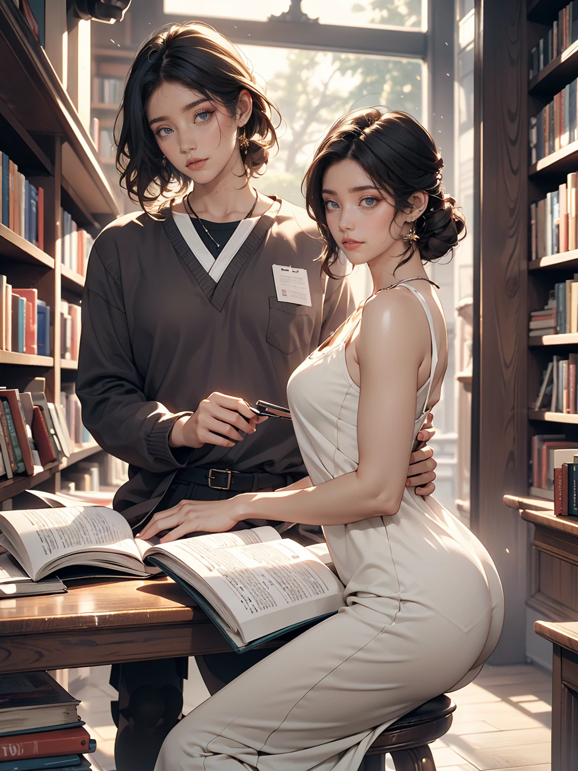 (8K, RAW photos, best quality, masterpiece:1.2), (realistic, photo-realistic:1.3)、26-year-old Japanese woman with a beautiful face.、hair is gray、Eye color is dark blue, laugh, high definition face, Curly short hair, (((take a seat at the bookstore))), (((Wearing a white short sun dress))), Glowing skin under bright lights, photometry, (((slim body))), Vivid colors,