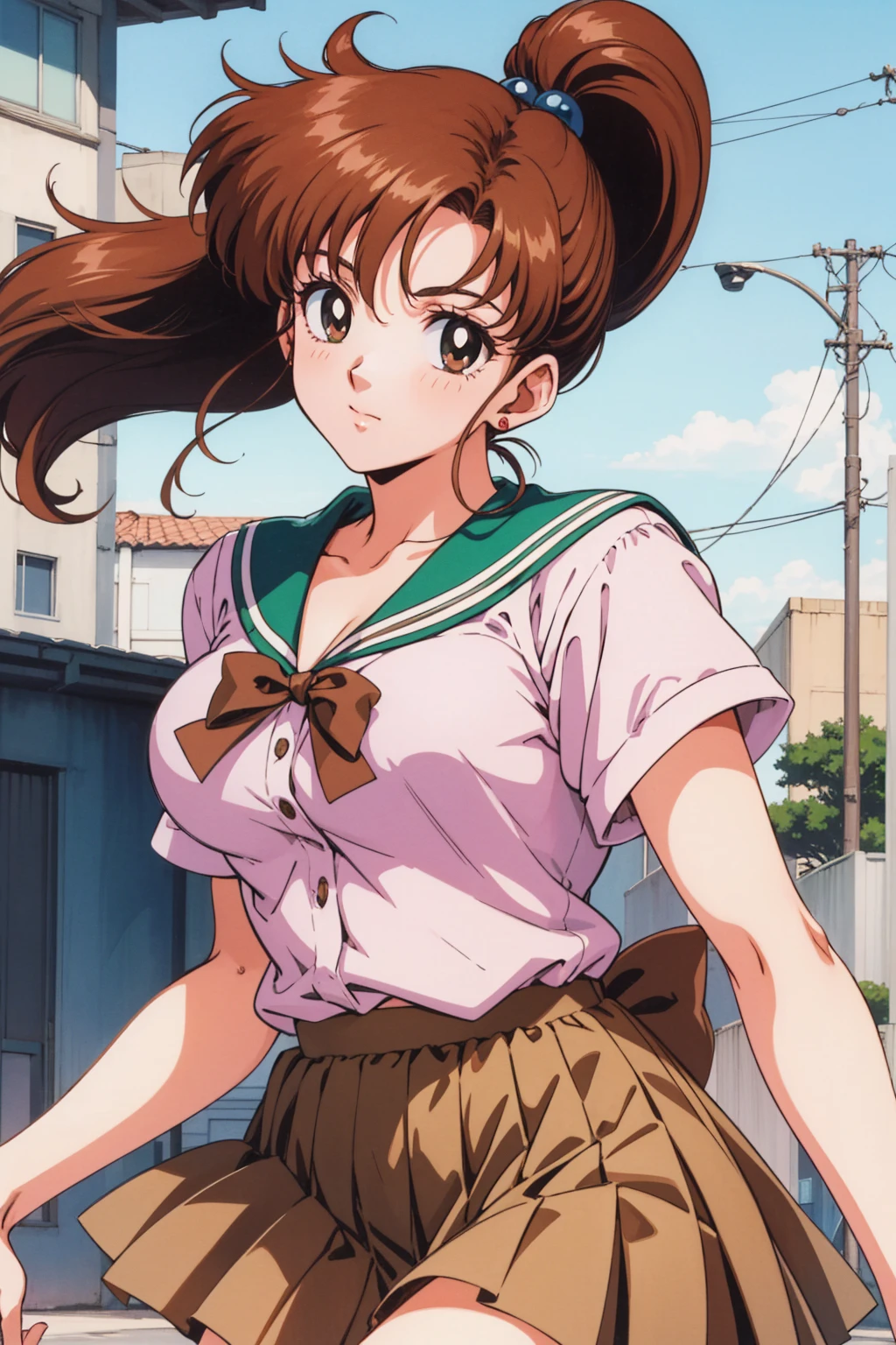 Highest quality, High resolution, 1990s \(style\), retro artstyle, 1990s anime cels style, brown , brown pleated skirt,  ponytail,In the schoolyard、