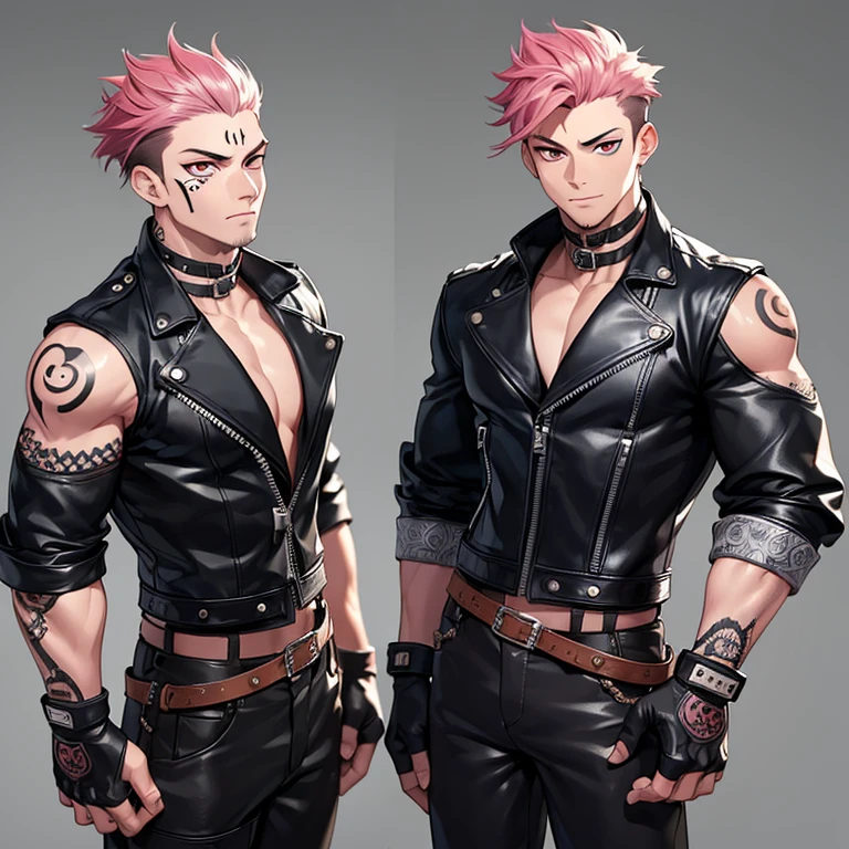 (masterpiece, best quality:1.2), cowboy shot, 1boy, sukuna, leather fingerless gloves, tattoo_on_his_face, manly, full body, biker, pink hair, intricate details, utra detailed, black leather, muscular male, eye focus, biker jacket, anatomically correct,