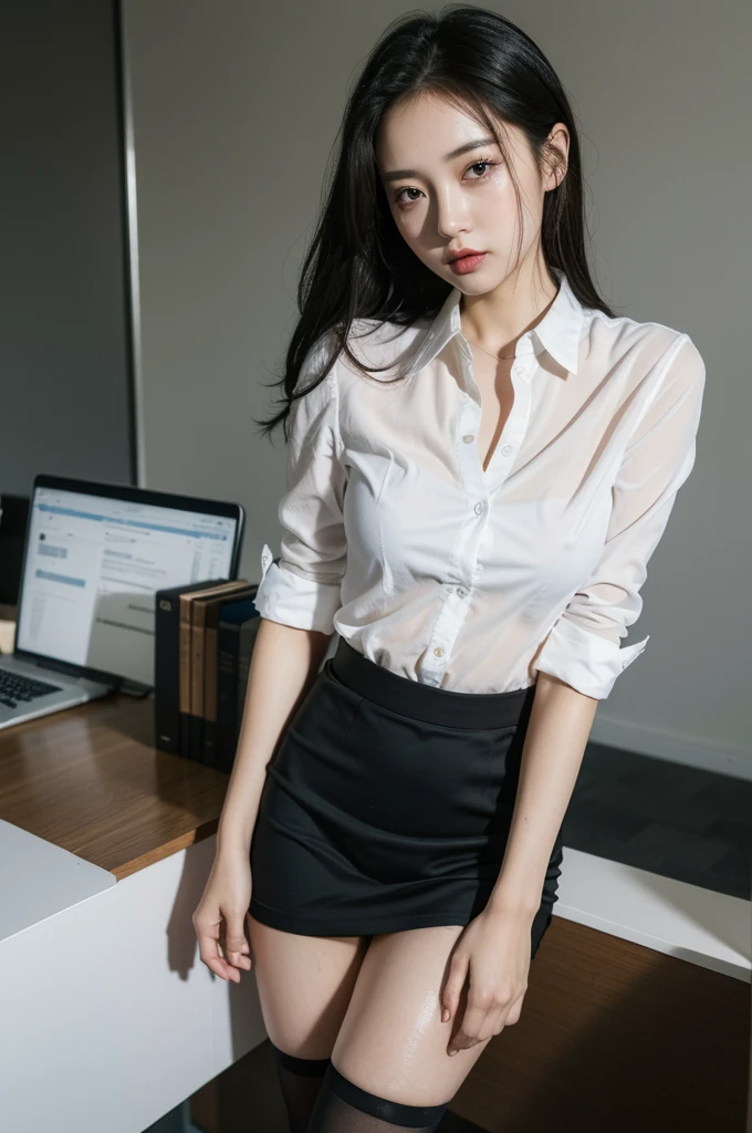((Highest quality)), ((masterpiece)), (detailed), Perfect face masutepiece, Best Quality, Illustration, Ultra-detailed, finely detail, hight resolution, 8K Wallpaper, Perfect dynamic composition, Beautiful detailed eyes,Medium Hair,Small breasts 、natural color lip, Bold sexy poses,20 years girl、Cute、Sexy shot looking at camera、wide angle、full BODY、taking off clothes、red bra,black skirt,white dress shirt,black stockings,see-through,office lady,secretary,super tight clothes,taking off clothes,standing,wet body,ponytail