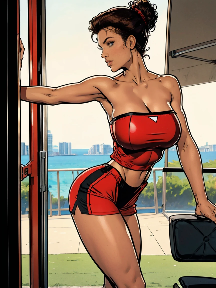 Extremely busty thin and toned brunette, gym girl, fair skin, loose updo, soft face, athletic, strapless bright red tube top, tiny black spandex shorts.  standing by a sliding glass door, gym, windows, stretching.  Huge .