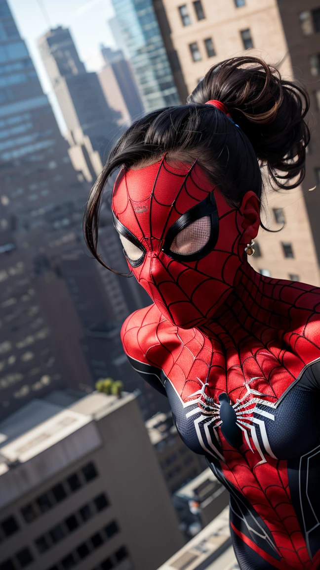 spider suit, web print, web, Spider-Man, masterpiece, absurdity, small parts, HDR, ((very detailed face and eyes)), realistic,, focus on the eyes,, A girl stands on the roof of a skyscraper, ((Masks available)), I look at the viewer,black hair, girl focus,(ponytail), earrings, , New York buildings background,