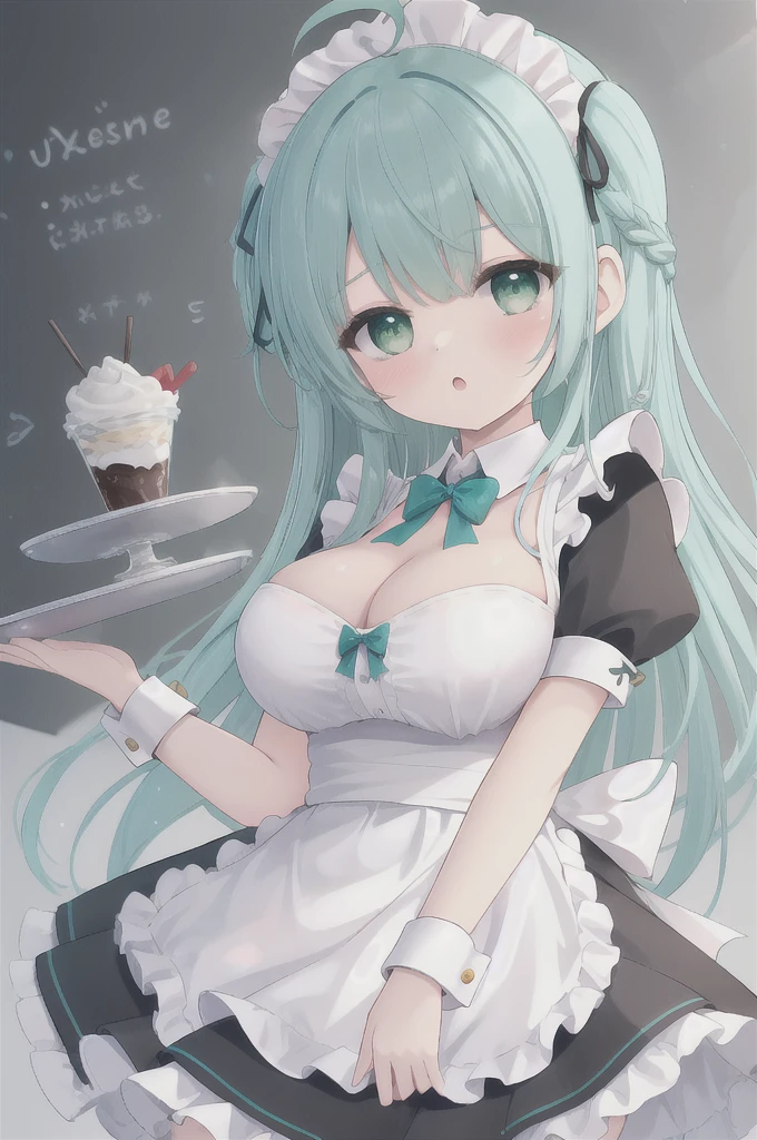 1girl,breasts,solo,green eyes,apron,maid headdress,maid,cleavage,long hair,short sleeves,tray,aqua hair,looking at viewer,puffy short sleeves,holding,white apron,bangs,blush,wrist cuffs,holding tray,black dress,white thighhighs,ahoge,medium breasts,parted lips,large breasts,one side up,detached collar,braid,:o,food,ribbon,