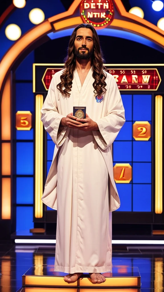 Jesus in robes playing Wheel of Fortune the game show