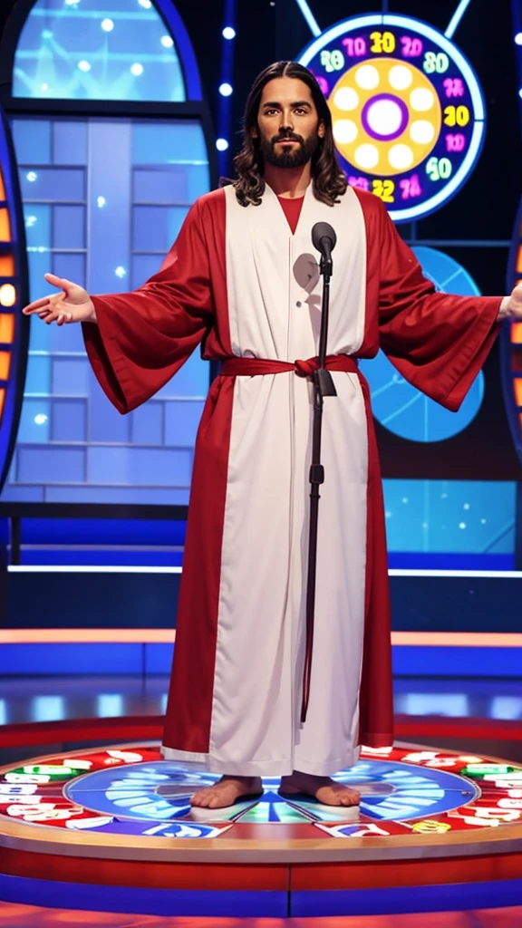 Jesus in robes playing Wheel of Fortune the game show