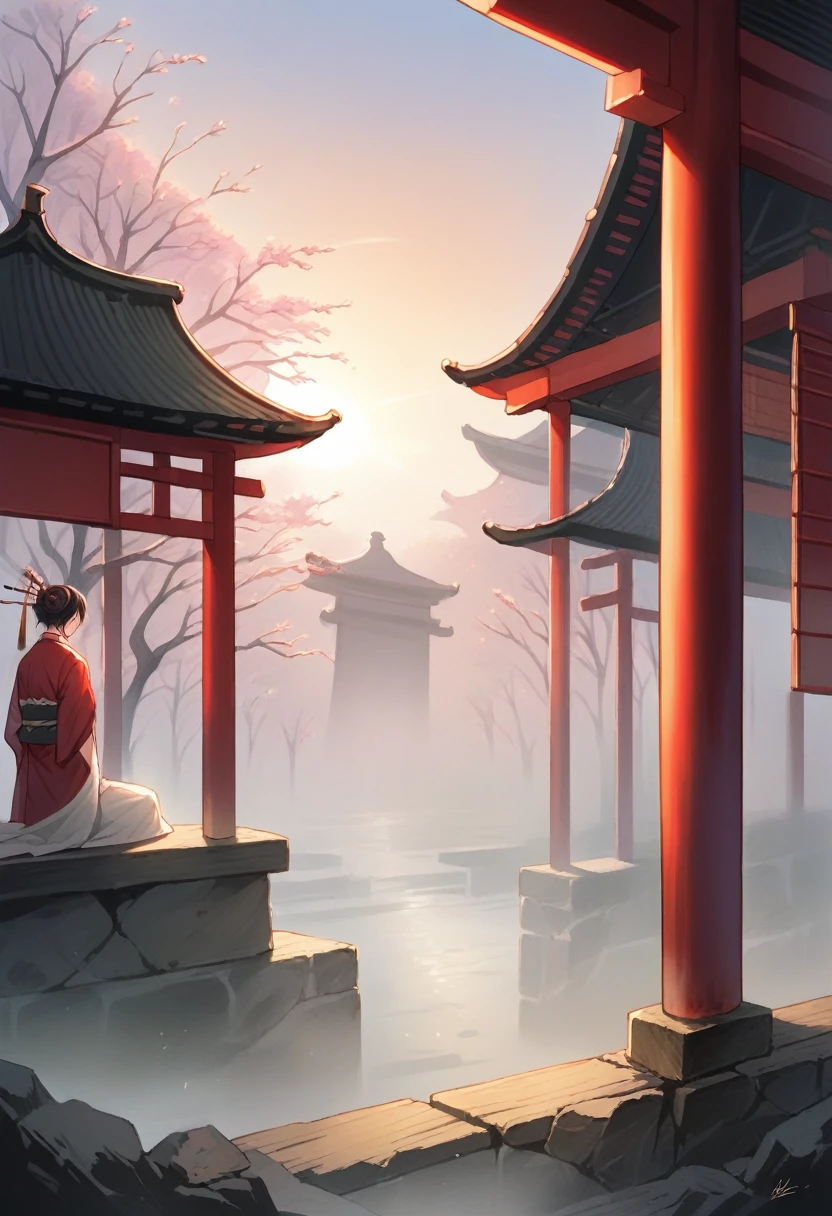 ((RAW shooting:1.5)), (Photoreal Stick:1.5, masutepiece:1.5, 8K), (top-quality, ​masterpiece, 超A high resolution), morning, Precincts of the shrine, ((fog the lens:1.4)), ((Shoot with blur:1.5)), ((sunrises, Sunlight coming in from behind:1.6, Strong sunlight spreads across the screen:1.6)), ((Strong sunlight shines on a woman:1.7)), ((The entire screen appears white and hazy due to strong sunlight.:1.8)), ((The woman looks blurry due to the strong sunlight:1.9)), Professional camera work:1.3, Highly detailed skin and facial texture:1.3, Grow Light Effect, The ultra-detailliert:1.3, 1girl in, Fair skin, (Sense of clarity:1.4, a small face), Extremely beautiful face:1.5, (Sense of clarityを感じる目:0.9, looking distantly), A smile:1.0, (Slightly open mouth:0.4, A mouthfeel that exudes a sense of clarity:0.7), double eyelid, Dark brown medium hair, necklace and earrings, (Wearing Kimono Correctly Off Shoulder)