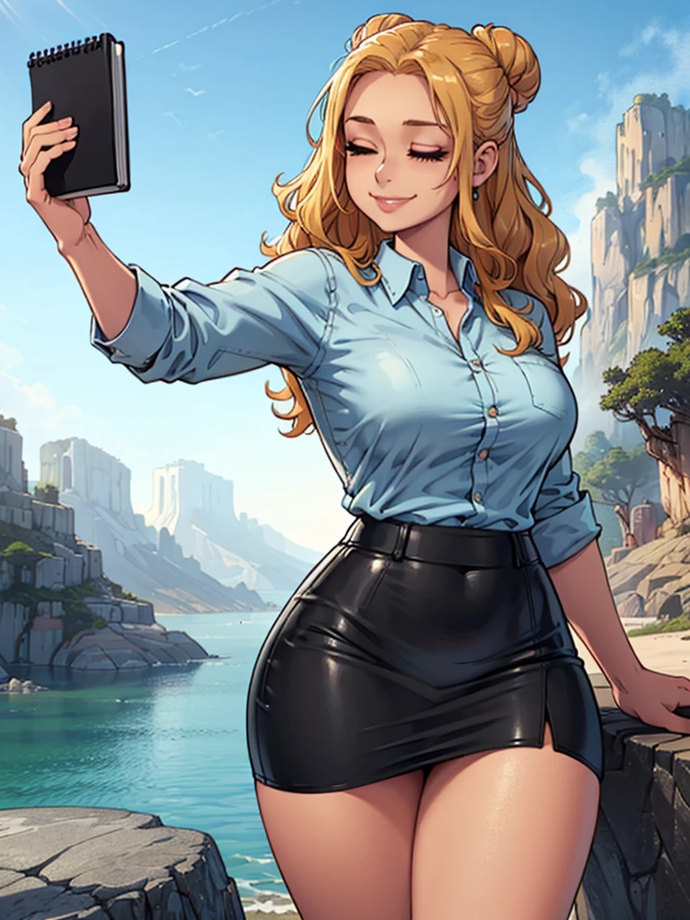 ((art by Kipteitei)), ((Masterpiece, best quality, perfect lighting, amazing shading)), (perfect anatomy, realistic proportions), field of depth, extremely beautiful, 1girl, (blond hair), long wavy hair, hair bun, closed eyes, pencil skirt, dress shirt, black tights, cute smile, ((holding notebook)), legs together, beach background with cliff and waterfall, detailed background, (cowboy shot), (((interesting pose)))