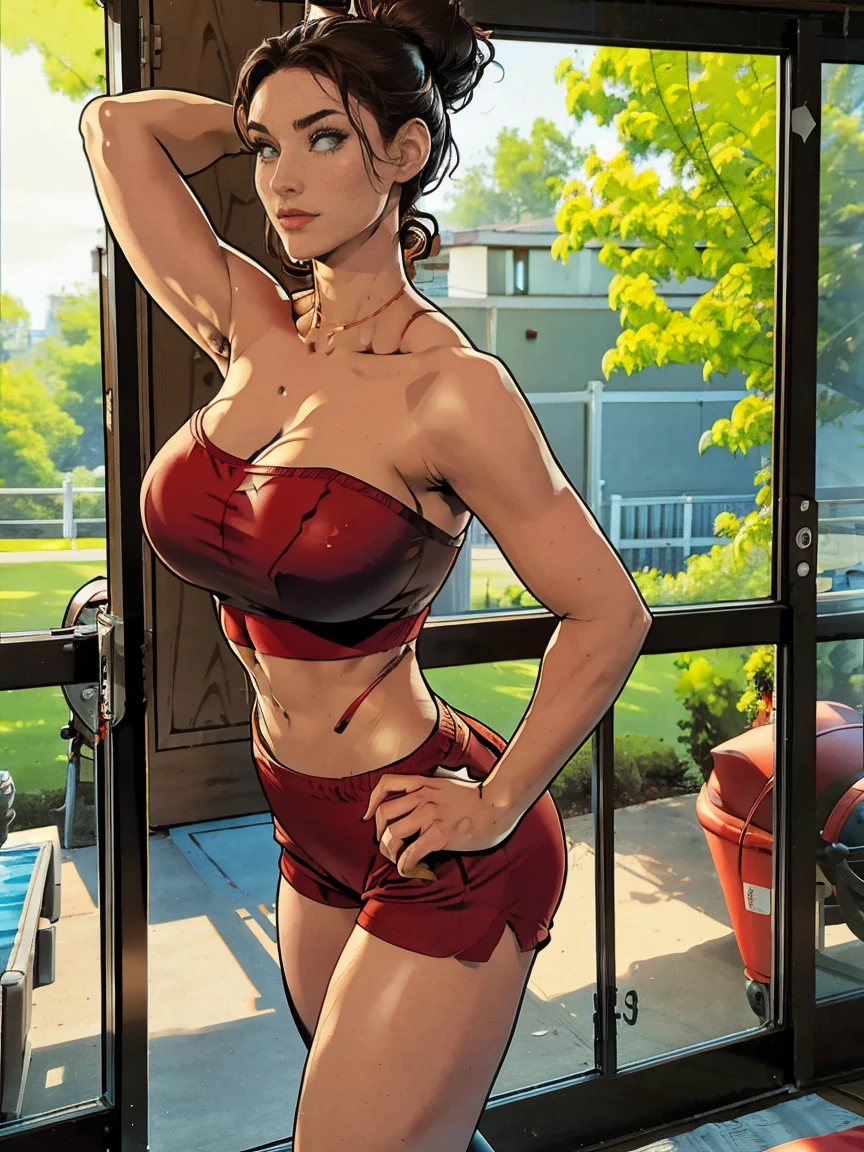 Extremely busty thin and toned brunette, gym girl, fair skin, loose updo, soft face, athletic, strapless bright red tube top, tiny black spandex shorts. standing by a sliding glass door, gym, windows, stretching. Huge .
