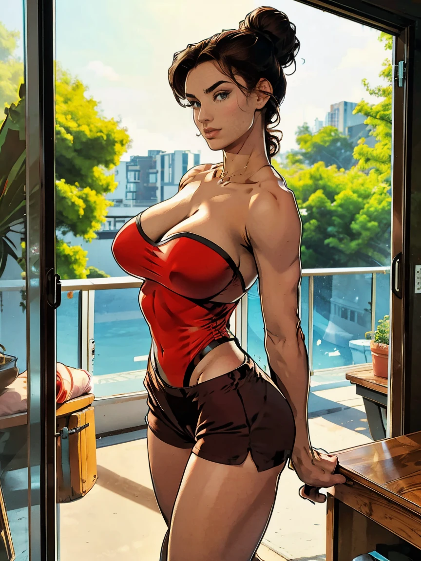 Extremely busty thin and toned brunette, gym girl, fair skin, loose updo, soft face, athletic, strapless bright red tube top, tiny black spandex shorts. standing by a sliding glass door, gym, windows, stretching. Huge .