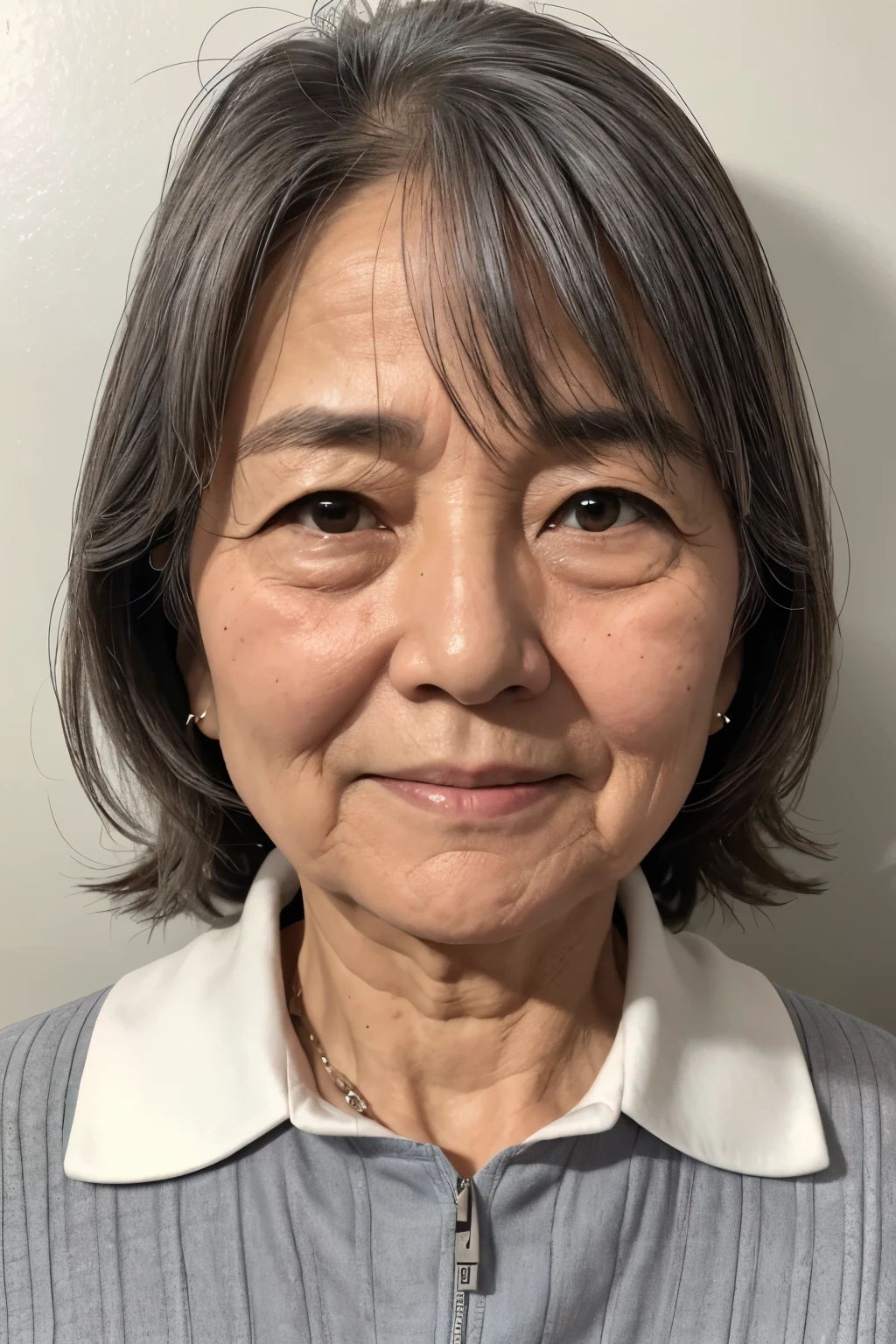 politician、50 year old grandma、Front of face、ID photo、Grey formal attire、Wrinkled face