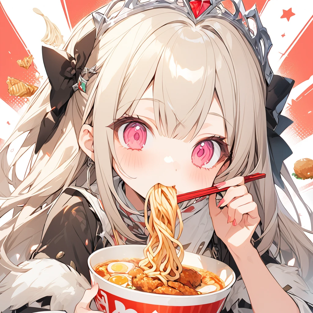 A with a princess tiara slurping ramen. Fried chicken is delicious.