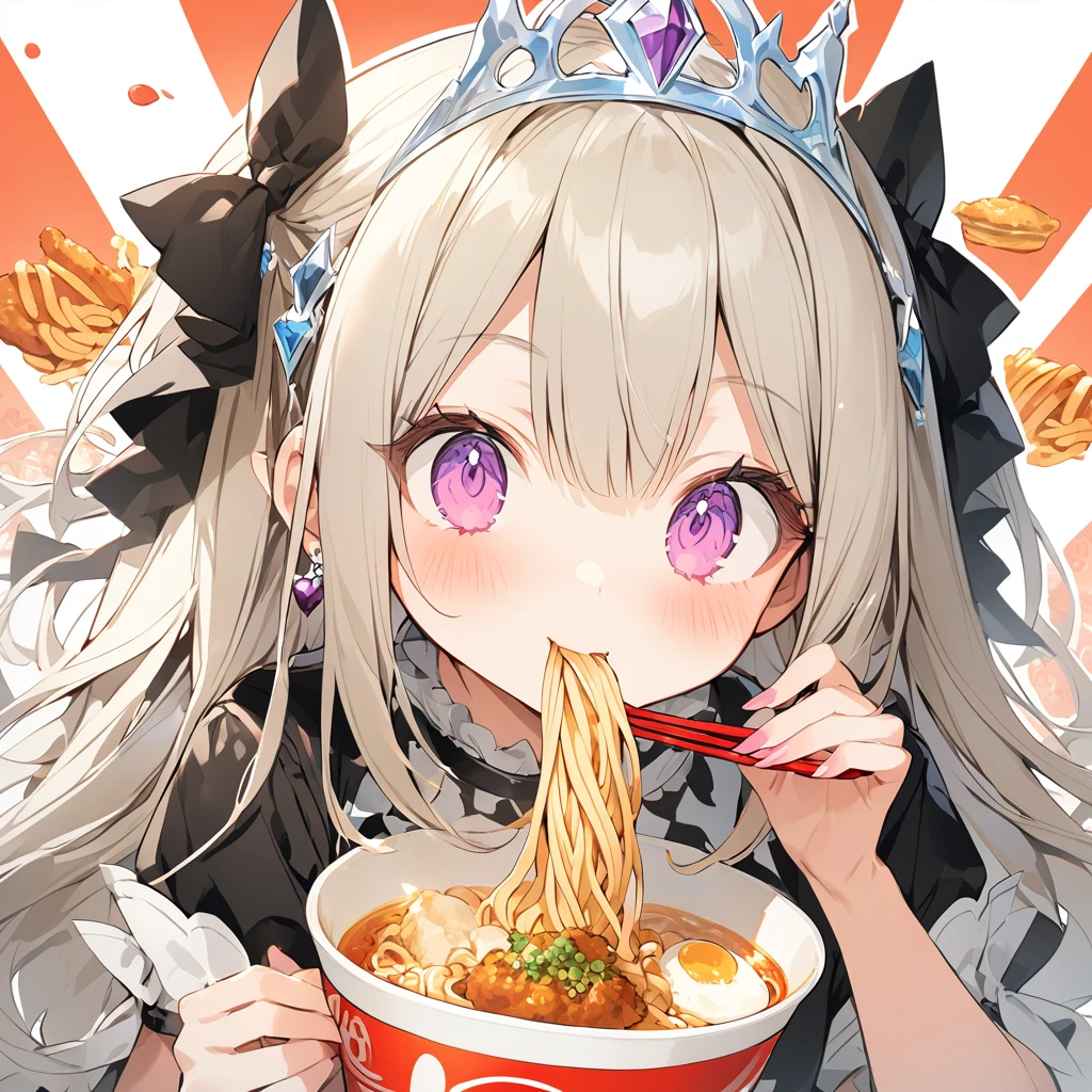 A with a princess tiara slurping ramen. Fried chicken is delicious.