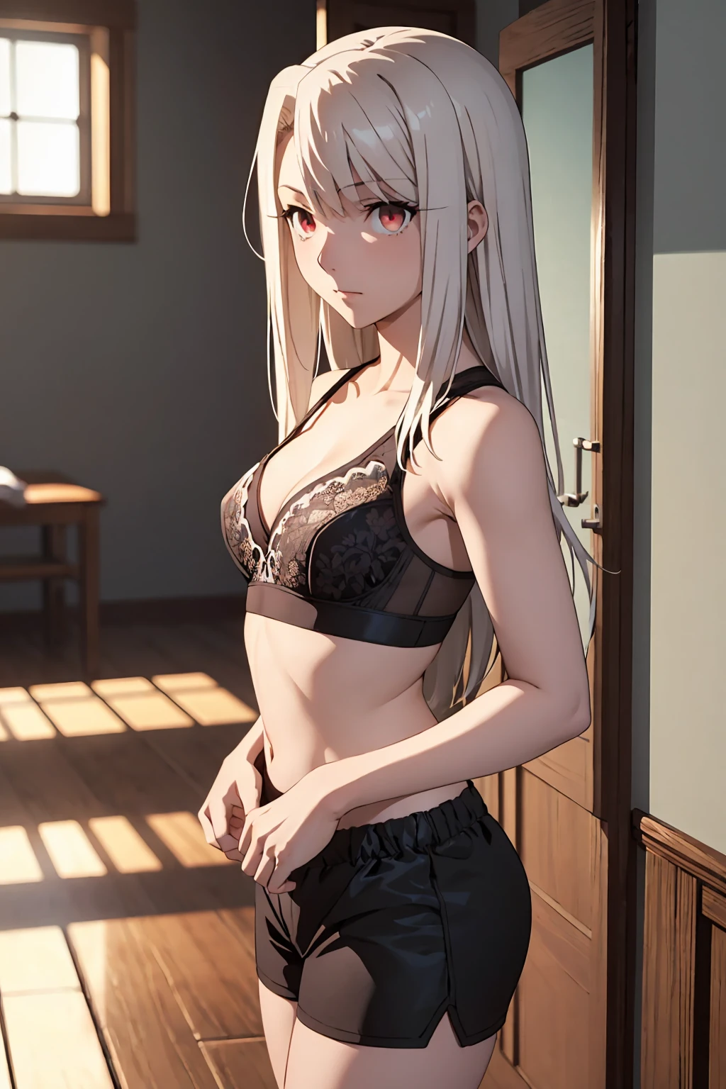 NSFW(Highest quality:1.5, High resolution, 超High resolution, 4K, Detailed lighting, Shaders)(masterpiece:1.2), Very detailed, destiny/Background of the stay, indoor, Illyasviel von Einzbern alone, Cowboy Shot,Long Hair, Gray Hair, Red eyes, Sports bra with a small area Latex shorts