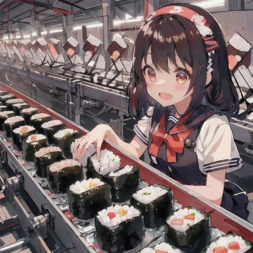 anime girl At the factory with rice and sushi rolls, Kantai Collection Style, praise girl, praise art, At the factory, Casciato, praise, Beautiful and detailed anime art, From the Azur Lane video game, Anime Food, Cute girl anime visuals, praise technology, Pixiv, Gwaiz, Rorish, Zerochan Art