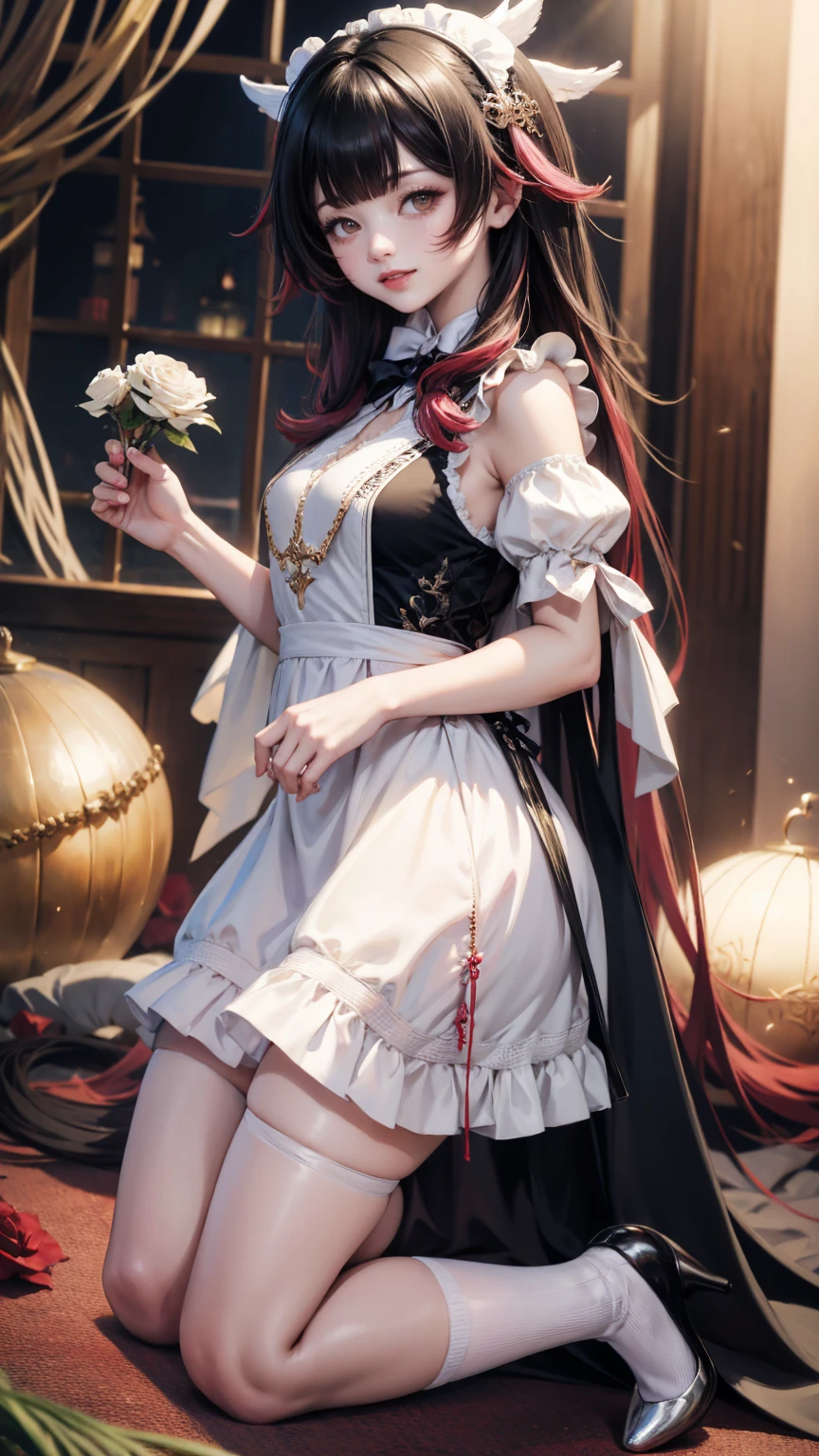 Columbina_(genshin impact), white roses, ornament hair, roses on her hair, maid, maid dress, maid headdress, maid apron, black hair, pink hair, long hair, Kneeling on the floor, chinese home style, Chinese maid dress, white dress, more details on her clothes, golden details, night, smiling, coat, white shoes, white socks on her knees,