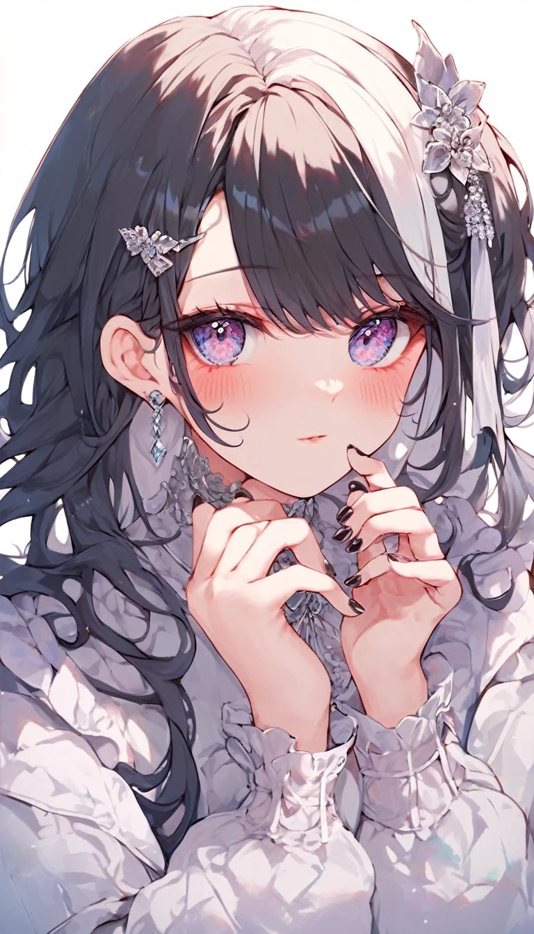 score_9, score_8_superior, score_7_superior, score_6_superior,here is a beautiful girl with long hair and black hair with white highlights, 1girl, solo, hair ornament, long hair, white background, black nails, blush, looking at viewer, simple background, long sleeves, upper body, nail polish, bangs