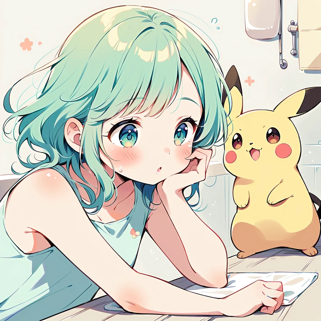 Cute Pikachu washing his face in the bathroom、pastel colour