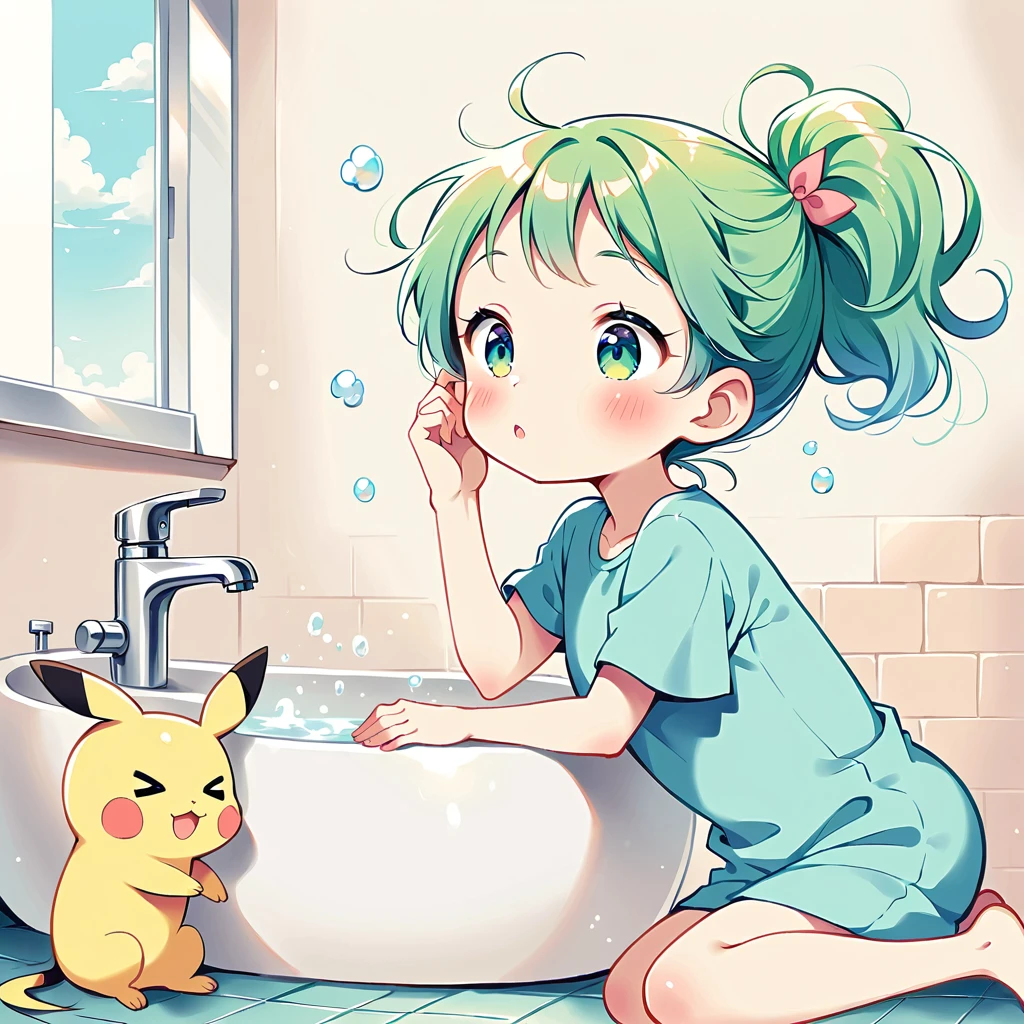 Cute Pikachu washing his face in the bathroom、pastel colour