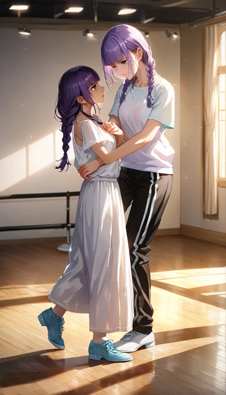 (cute a girl:1.5), (one girl with pale purple hair,wavy two braids,blunt bangs hair,green and black eyes,
A girl in a short-sleeved white T-shirt and tracksuit pants, dancing shoes, taking a dance lesson in a dance studio,:1.4),(masterpiece:1.3), anime visual, (Lovey-dovey:1.5), (tilt head:1.3), extremely delicate face, soft clean focus, realistic lighting and shading, (an extremely delicate and beautiful art:1.3), a girl wipes the sweat off hands as her continues the lesson, her expression looking painful.
