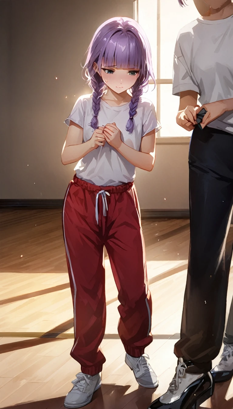 (cute a girl:1.5), (one girl with pale purple hair,wavy two braids,blunt bangs hair,green and black eyes,
A girl in a short-sleeved white T-shirt and tracksuit pants, dancing shoes, taking a dance lesson in a dance studio,:1.4),(masterpiece:1.3), anime visual, (Lovey-dovey:1.5), (tilt head:1.3), extremely delicate face, soft clean focus, realistic lighting and shading, (an extremely delicate and beautiful art:1.3), a girl wipes the sweat off hands as her continues the lesson, her expression looking painful.