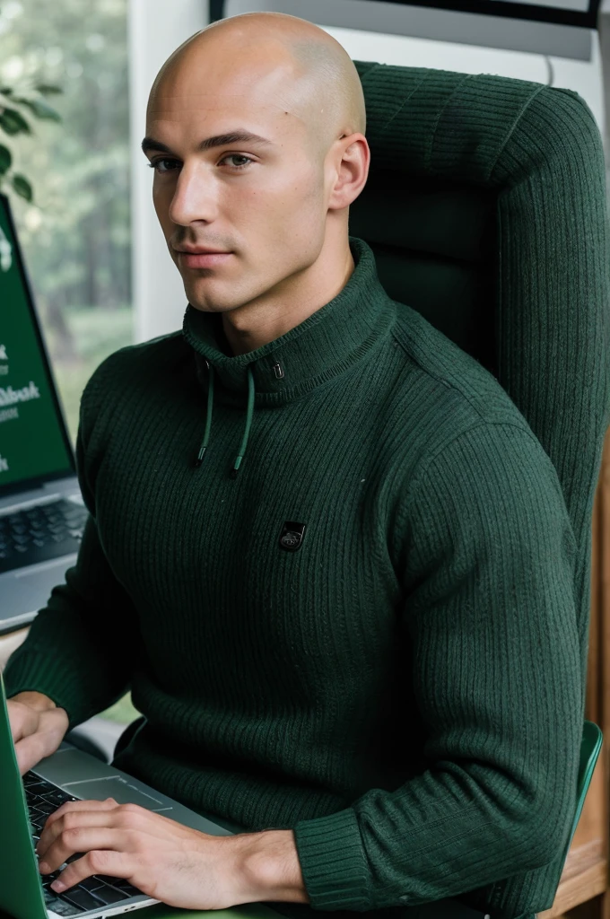 ((8k ((best quality)), ((masterpiece)), (very detailed), real face bald male muscular male full body wear green pullover working on laptop at office
