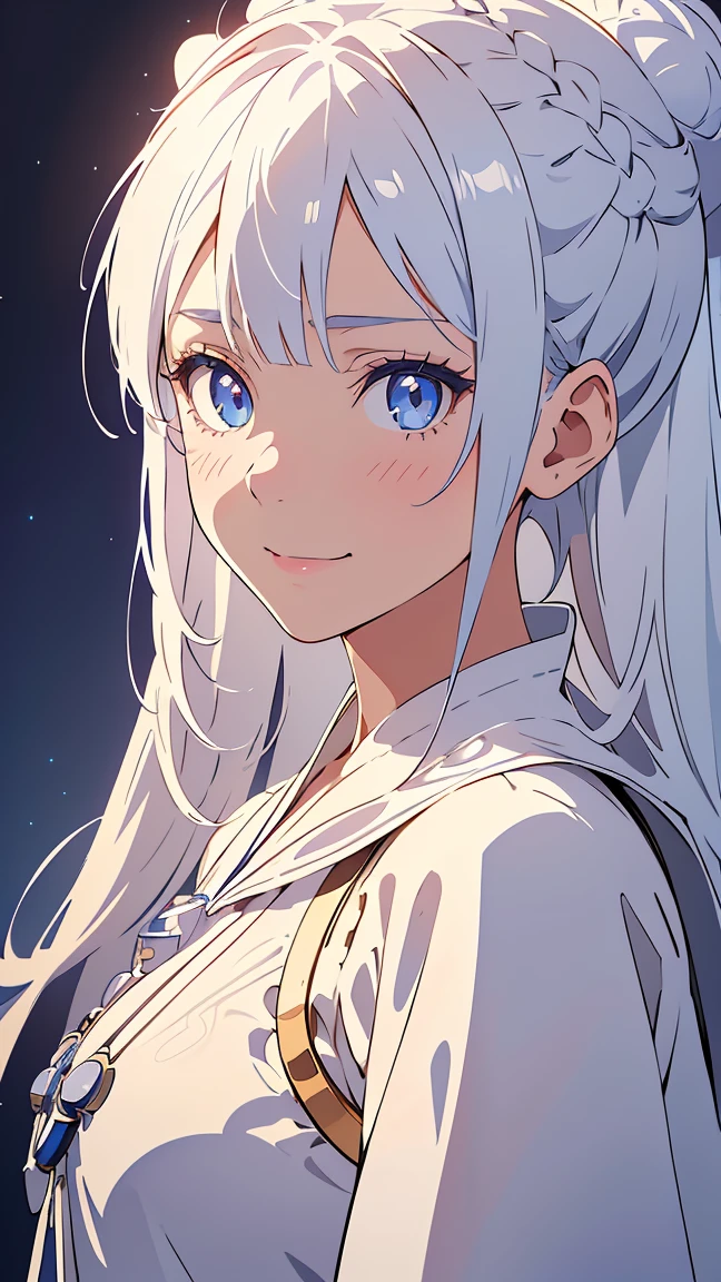 Anime,Girl1,round face,blue eyes,white hair,double bun hairstyle,white eyeshadow,cowboy shot,(white Arabic abaya dress,waist belt,smile),(Highly detailed CG,module,8K wallpapers)،(Highest quality, high resolution, beautiful lighting, realistic shadow, high resolution)،(Detailed skin, highly detailed, detailed faces and eyes, realistic eyes)
