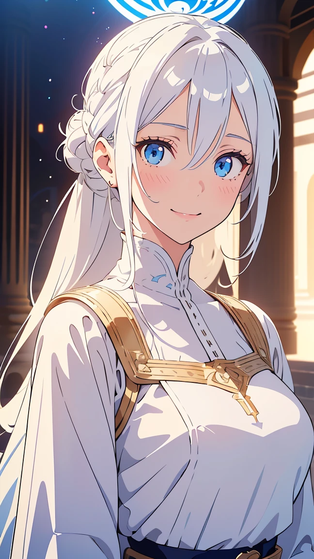 Anime,Girl1,round face,blue eyes,white hair,double bun hairstyle,white eyeshadow,cowboy shot,(white Arabic abaya dress,waist belt,smile),(Highly detailed CG,module,8K wallpapers)،(Highest quality, high resolution, beautiful lighting, realistic shadow, high resolution)،(Detailed skin, highly detailed, detailed faces and eyes, realistic eyes)