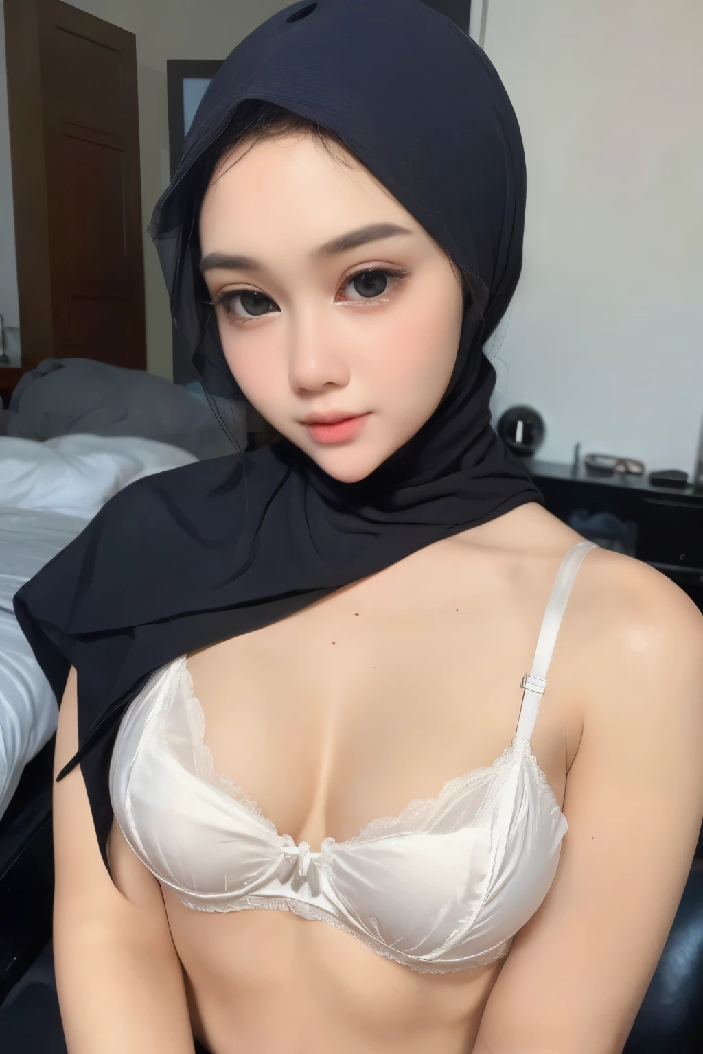 ((Full Big Black Eyes)), (((SLEEPING BEAUTY))), ((ULTRA FULL HD DETAILED)), ((DETAILED FACE SKIN)), Sexy Lingerie ((SLEEPING BEAUTY)), ((EYES WIDE )), ((OPEN BIG HUGE EYES)), Very Thin body ((Wearing Bra Lingerie)), (((WHITE BERRY COLOR HIJAB)), masutepiece, High quality, UHD 32K, Realistic face, Realistic skin feeling , A Malay Lady, 8 . ((Face cute like a baby)), HUGE BREASTS 