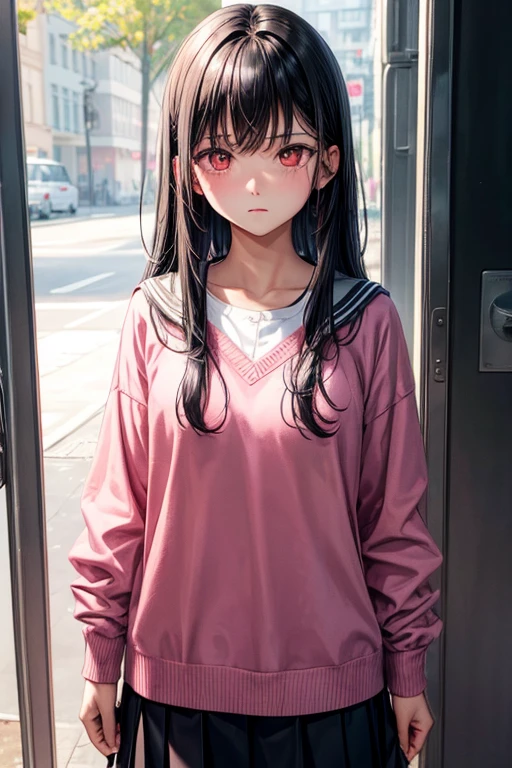 (best quality, masterpiece), black hair, medium length hair, young, girl, school outfit, pink clothes, blank expression, glowing eyes, ominous