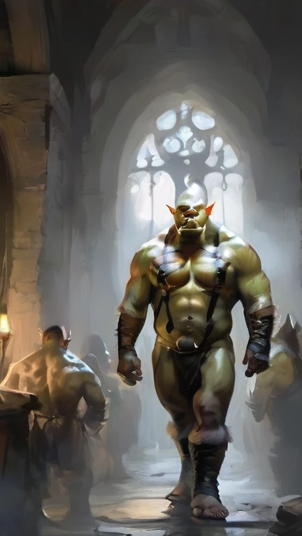 a massive,male orc, robust, mature orc warrior with green skin, sharp fangs, and a rugged, masculine appearance, wearing black leather Fundoshi and a harness, in a gritty, realistic digital art style, multiple similar orc characters in a tavern setting, dramatic lighting, highly detailed, cinematic composition, dark moody colors