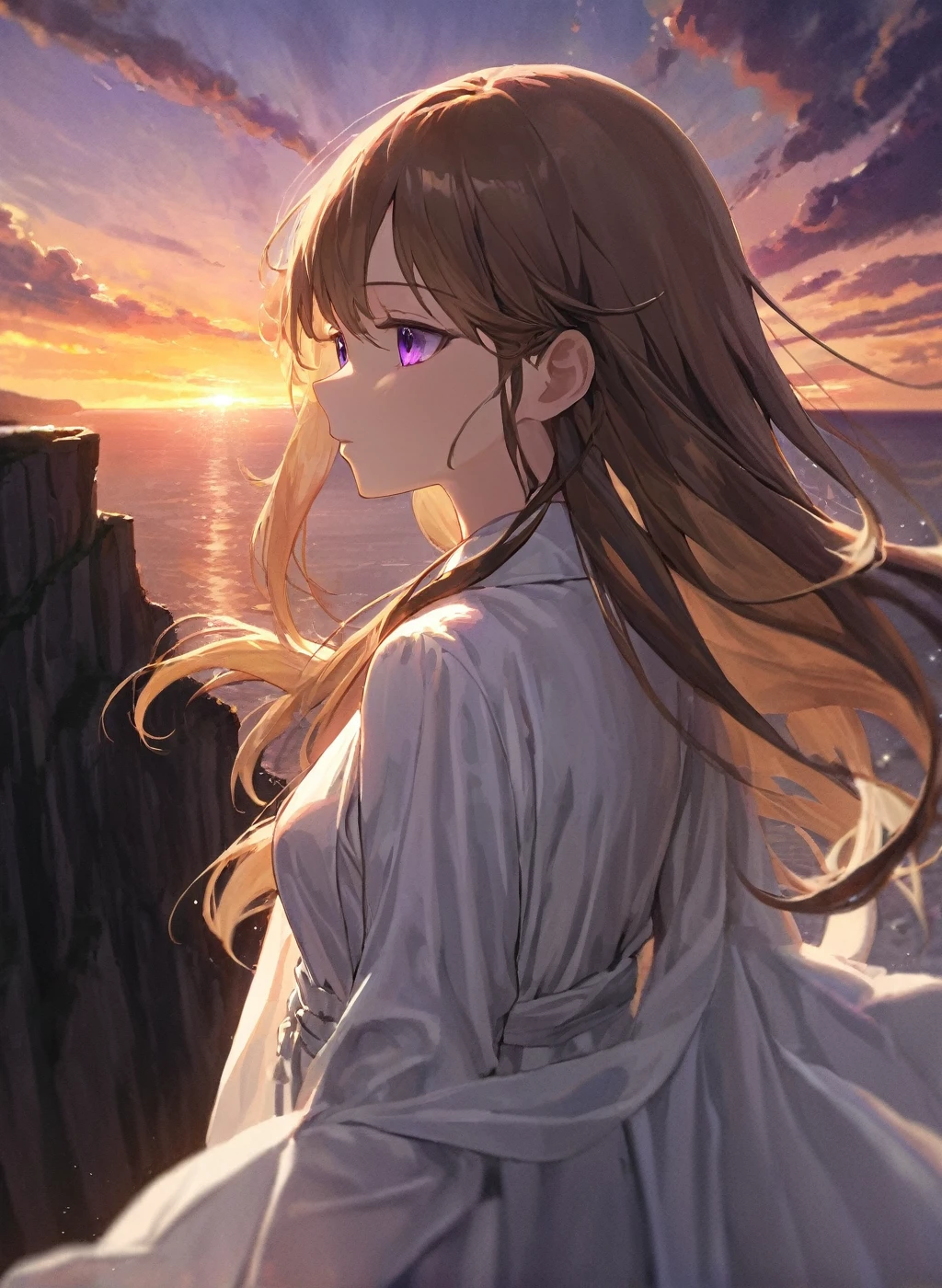 (masterpiece),(best quality),high resolution,(Extremely delicate and beautiful),(Extremely detailed),(close up:1.3),
A girl with long brown hair and purple eyes,wears a long and flowing white robe,Standing on the cliff overlooking the sea,Dramatic clouds,Sunset backlight,