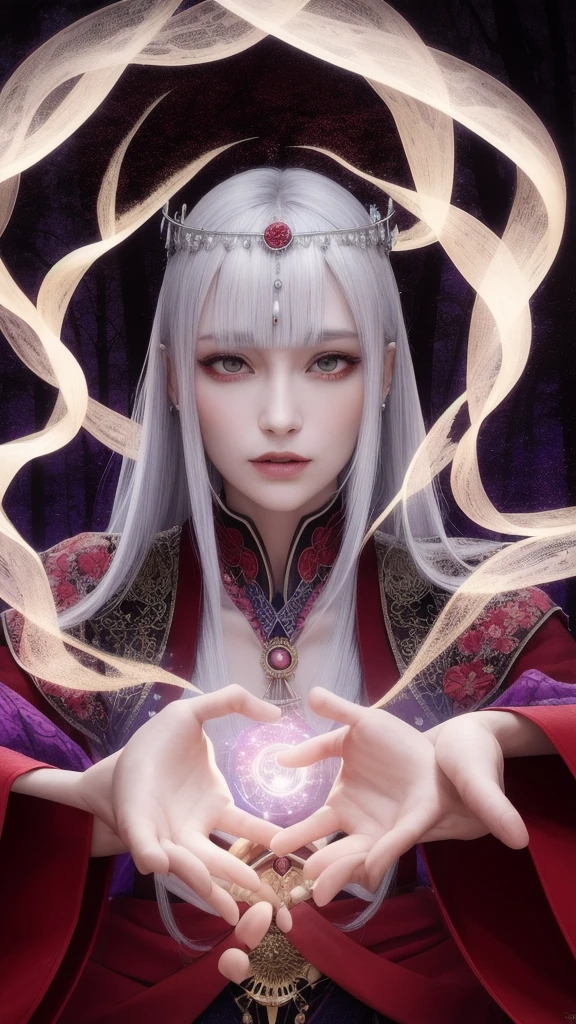 (masterpiece, top quality, 1 female, solo, exquisite detail, chromatic aberration), (realistic), (skin), ((breathing)), (silver hair, blunt bangs, cropped straight long hair, cropped bangs, silver hair), beautiful hair, red headdress, blue highlights, hair over one eye, purple eyes, full lips, earrings, piercing eyes, ((pink and white kimono)), ((symmetrical eyes)), ((perfectly symmetrical body)), ((perfectly symmetrical hands)), (purerosface_v1:0.3), night, (((self, natural light))), dim lighting, facing the light, facing the viewer, ((central shot, from the front, (face and waist))), mysterious atmosphere, fortune teller in kimono, beautiful fortune teller, fortune teller, dark Fantasy female fortune teller, female fortune teller, fantasy photography, magician, Japanese style, elegant cinematic fantasy art, fantasy woman, magician portrait, casting spells, fortune teller, not very sexy kimono, A powerful wizard stands in a mysterious forest. With fluttering robes adorned with symbols, outstretched arms, eyes glowing with mystical energy, spells leaking from his mouth, vivid, swirling patterns of dark magic appear in the air, pulsating with hues of red and blue. Magic permeates, flowers bloom, divine, creatures gaze in awe. Threads of magical energy dance, revealing hidden realms and unravelling secrets. Capture the essence of this enchanting moment and bring to life the mysterious power of dark magic on a canvas of the highest quality and finest detail. Highest Quality, Masterpiece, Ultra High Resolution, (Photorealistic: 1.4), RAW Photo, Sharp Focus, High Resolution, Detailed Skin,.