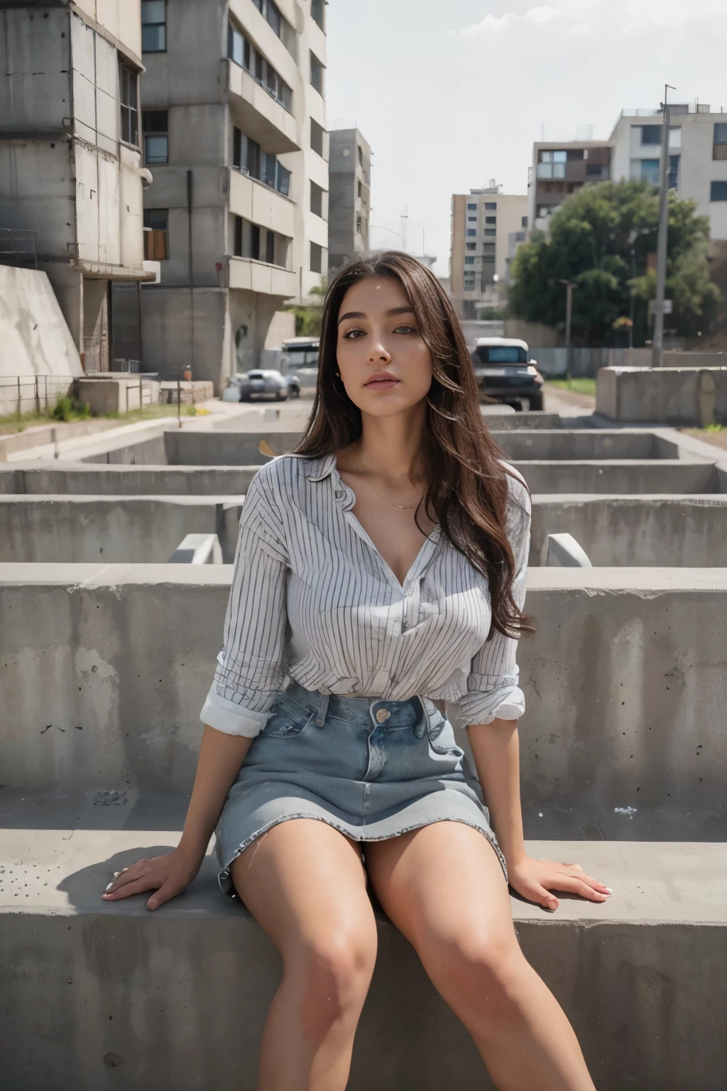 Beautiful 26 years old woman, 170cm high, 60 kg weight, white skin, long curly dark hair, gray eyes, wearing black and white stripes shirt, denim skirt, looking to somewhere else, (((concrete park))), sit on bench, natural morning light, realistic portrait, highly detailed, analog style, deep cleavage, breast, nipple, (((full body))), wind blowing her hair