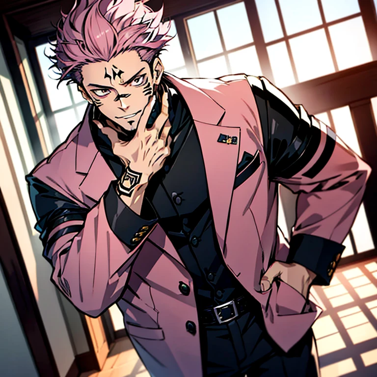 (tmasterpiece, best qualityer: 1.2), Solo, malefocus, 1boy, sukuna, tattoo_On_his_face, male, full bodyesbian, Black leather jacket, A pink-haired, cow boy shot, 8K, super detailing, hands in a pocket, tightsuit,inside the house,