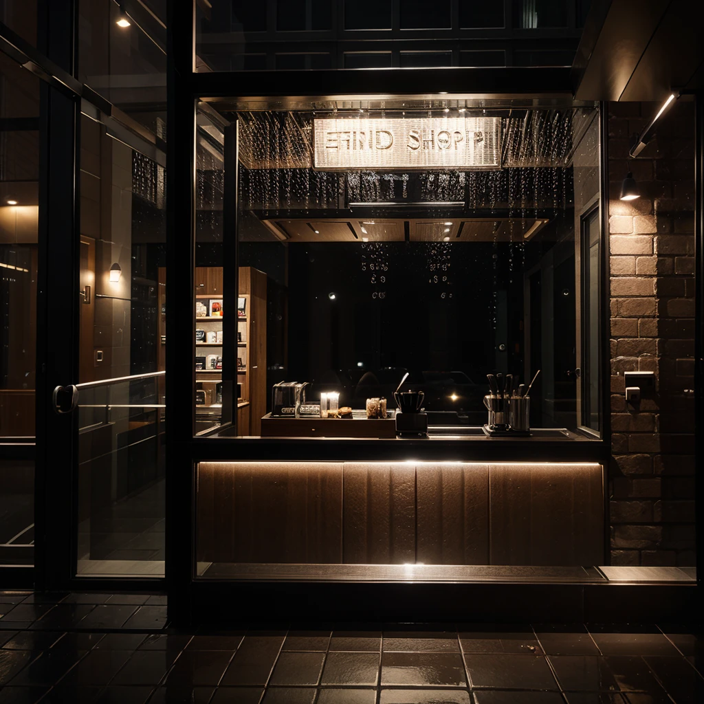 A modern cofee shop at night with raindrops falling on the window