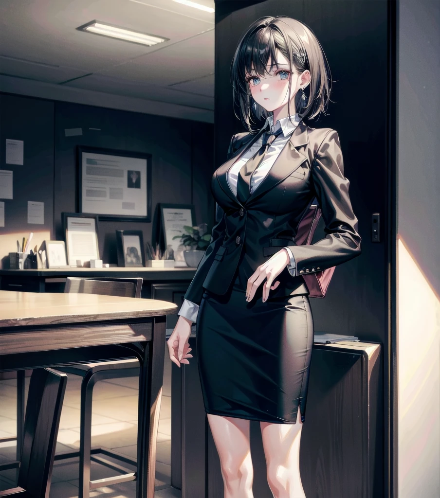 RAW photo, extremely delicate and beautiful, masterpiece, Best Quality, ultra high resolution, 16k, photorealistic, ultra detailed description, pale skin, in her 20s, whole body, big tits, medium hair, black hair, tearful mole, earring, business suit, pencil skirt, blazer, dress shirt, tie,