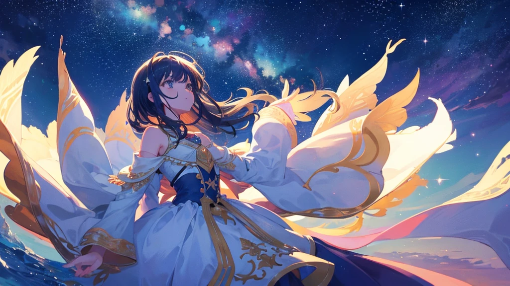 mystical and starry sky with a girl in the background looking up