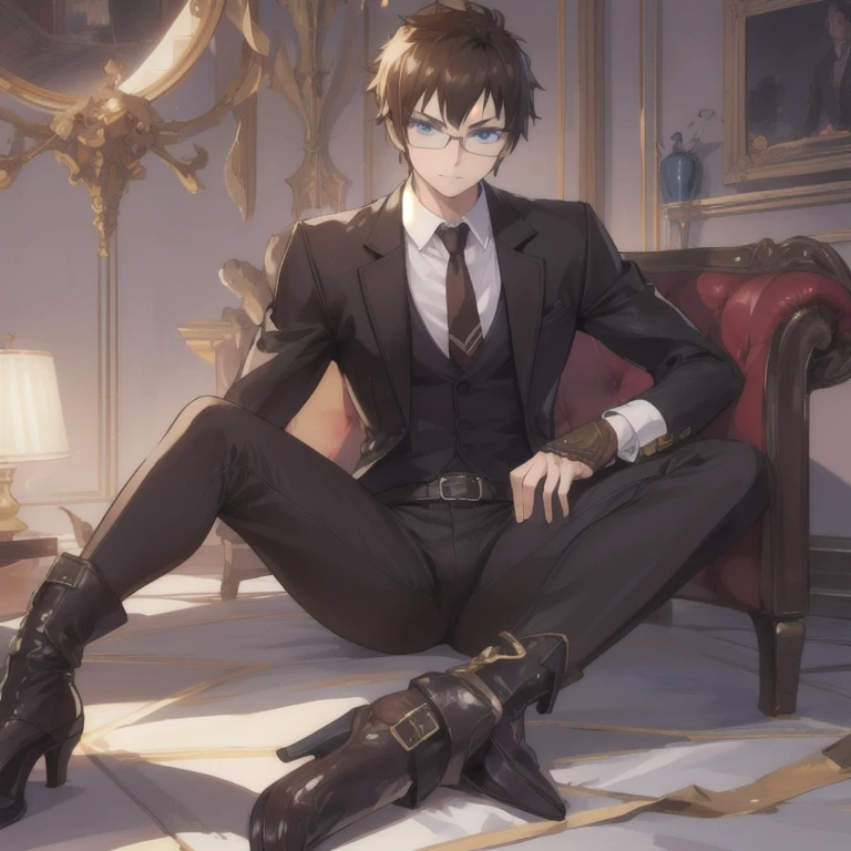 1boy, male focus, muscular male, nsfw, 3D, realistic, indoor, normal hue, central, golden ratio, sitting on the leather couch, sharp-featured body, tall, burly, highres, slender build, perfect anatomy, skin texture, thick dark buzzcut hair, see-through bangs, shallow eyebrow, symmetrical eyebrow, large bright eyes, symmetrical eyes, square gold-rimmed glasses, big straight nose, closed mouth, double-edged polearm, broad shoulders, noble attire, bdominal stretch, tight-fitting, leather collar, stand-up collared shirt, necktie, waistcoat, open thickened glossy dark leather jacket, six-pack abs, leather gloves, black trousers, leather belt, spreading long thin legs, large erect penis over 10 inches length and 3 inches width, erection, large scrotum with testicles, masturbation, high-heeled leather boots, soft smile, handsome, powerful, from front, looking ahead at viewer, day, masterpiece, best quality, hyper-detailed, intricate detail, professional photography, matte, bright, the most beautiful ever seen, post processing, dreamatic lighting, ambient lighting, epic composition, ultrawide shot, uplight, raytracing reflections, depth of field, gorgeous background