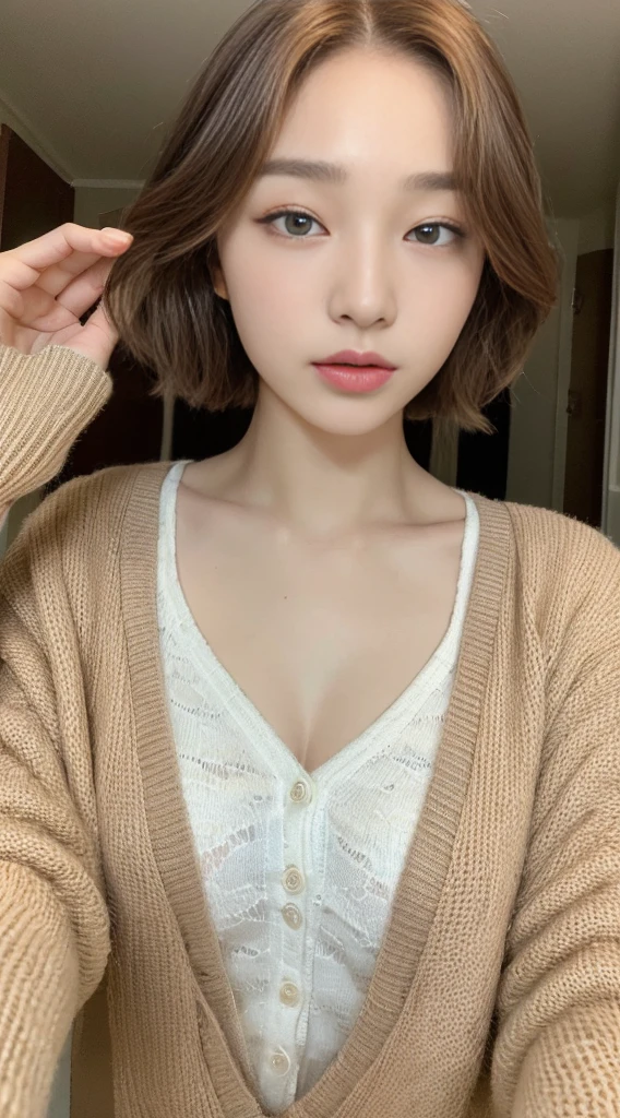 ((top-quality、8K、masterpiece:1.3))、1 girl、Slender beauty:1.3、(Light brown medium short hair、waved hair、tiny chest:1.2)、Accurate cardigan:1.1、hyperdetailed face、A detailed eye、double eyelid、Cute clothes