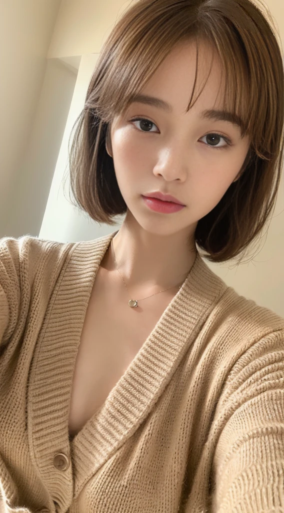 ((top-quality、8K、masterpiece:1.3))、1 girl、Slender beauty:1.3、(Light brown medium short hair、waved hair、tiny chest:1.2)、Accurate cardigan:1.1、hyperdetailed face、A detailed eye、double eyelid、Cute clothes