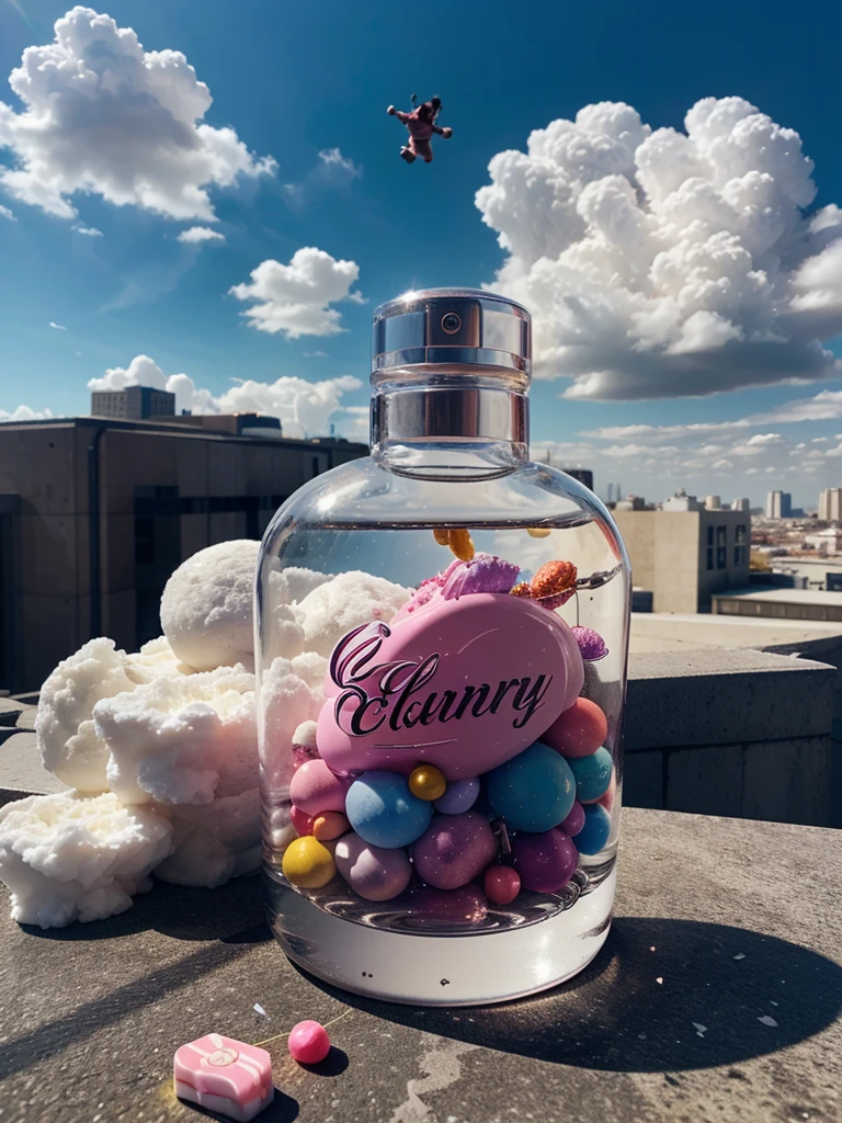 Perfume, flight, candy cloud, colorful city, luxury, bottle, creativity, weightlessness, candy, collection