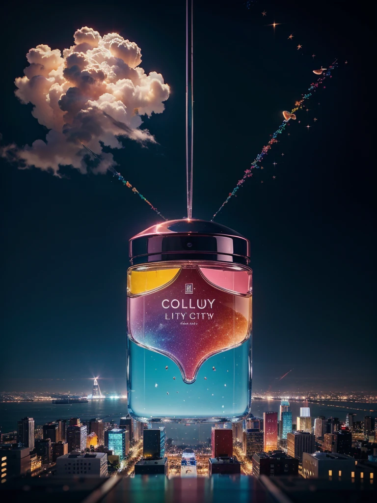 Perfume, flight, candy cloud, colorful city, luxury, bottle, creativity, weightlessness, candy, collection